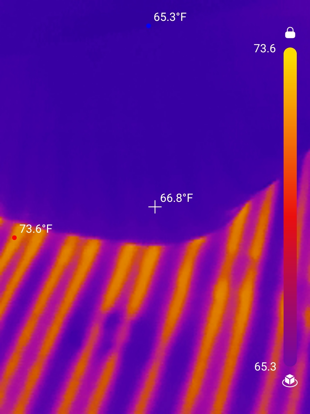 An infrared image from a home inspection in Cuyahoga County where the heated floor was improperly installed under the bathtub.
